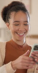 Laugh, texting and woman in house with phone, online communication and comic post on social media. Happy, digital and person in home with tech, funny message or meme reaction on chat app.
