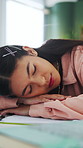 Sleeping, tired and girl in home for studying, homework and assignment for university course. Student, house and person with fatigue, burnout and nap with books for learning, education and college