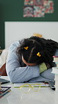 Writing, tired and girl in home for studying, homework and assignment for university course. Student, frustrated and person with fatigue, burnout and exhausted for learning, education and college