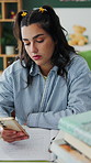 Cellphone, typing and woman in home with texting, chatting or email update on university results. Technology, connection and student in bedroom on phone for feedback on mobile app with study break.