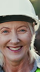 Face, woman and engineer with smile on construction site for inspection or building development. Portrait, mature person and helmet for safety, industrial infrastructure and engineering for expansion
