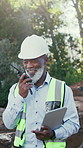 Construction, tablet or black man with radio, outdoor check or safety inspection in feedback chat. Bokeh, tech or mature engineer with checklist, progress track or compliance review in communication.