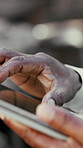 Business, hands and man with tablet for social media, digital app or subscription outdoor. Tech, outside and person with internet, typing and communication with connection, texting or online chatting