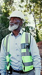 Construction, walk or black man on site with inspection, review or safety check of building project. Bokeh, below or mature engineer with ppe, progress track or evaluation in industrial compliance.