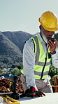 Engineer, man and blueprint at construction site with radio, communication and building instructions. Mature, black person and speaking outdoor with tech, design document and advice for engineering.