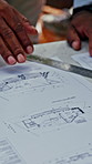 Review, hands and man with blueprint at construction site for expansion, layout or floor plan. Property development, architect and person with schematic for building update, engineering or project