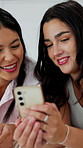 Talking, happy and women on bed with phone for social media, online chat and bonding on weekend. Home, friends and people on cellphone for internet, website and connection for hangout and relax