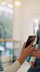 Hands, phone and people with card machine in cafe for purchase, payment and sale. Coffee shop, restaurant and server with customer for transaction, cashless transfer and digital banking at checkout