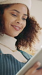 Tablet, smile and barista in cafe for research on inventory, stock list or website menu update. Digital technology, woman and waitress with for online order for hospitality service in coffee shop.