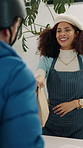 Hospitality, customer and barista in cafe with serving, friendly service or handover with takeout. Catering, happy women or waitress with purchase, pickup counter or order satisfaction in restaurant.