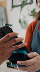 Hands, tap and people with phone and card machine in cafe for purchase, payment and sale. Coffee shop, restaurant and server with customer for transaction, cashless transfer and digital banking