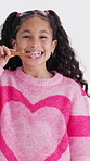Face, girl or child brushing teeth in studio with hygiene, oral care or morning routine for wellness. Happy, kid and cleaning mouth with toothbrush, toothpaste and dental health on white background.