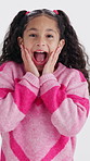 Face, girl and happy child in studio with surprise, unexpected news and announcement for reward win. Excited, kid and prize winner with shock, wow expression and amazing giveaway on white background.