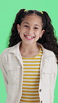 Face, laugh or kid in studio with happiness, humor or positive attitude on green background. Portrait, funny girl or adorable child with smile for joking, comedy or LOL with playful expression