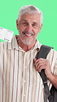 Face, man and happy in studio with flight ticket, backpack or tourist excited for summer vacation. Mature person, laugh and boarding pass with bag, travel or international holiday on green background