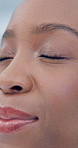 Black woman, face and breathing in office for relax, stress management or self control in business. Closeup, calm and happy African person with smile in mindfulness, relief or satisfaction or peace