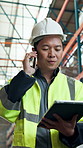 Phone call, tablet and logistics worker in warehouse for communication, contact or export update. Cellphone, man and Asian supply chain manager on mobile discussion with technology for distribution.