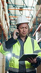 Phone call, upset and logistics worker with tablet in warehouse for mistake in export update. Cellphone, man and Asian supply chain manager on mobile discussion with tech for error in distribution.