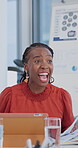 Celebration, woman and paperwork throw for project success, investment deal or good news. Tablet, excited and business people with document in air for team achievement, company growth or office goals