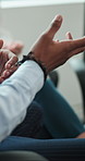 Hands, therapy and support group in business with conversation, team meeting and employee wellness. Professional people, discussion and counseling session for mental health advice, help or assistance