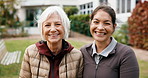 Happy, face and woman with senior mother outdoor for bonding, connection or family together. Laugh, humor and portrait of adult daughter with elderly mom for positive attitude in backyard of home.
