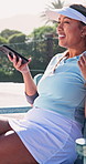 Recording, phone and relax with woman on tennis court for contact, tournament update and fitness. Online game fixture, communication and sports tips with person outdoor for training club and speaker