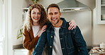Love, face and couple in kitchen with laugh, partner loyalty and bonding together in connection. Support, portrait or people in house with humor, happy moment or commitment in romantic relationship.
