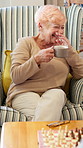 Laugh, coffee or old woman in center with chat, funny conversation or happy moment with gossip. Smile, hangout or senior person with warm drink, joke reaction or humor connection in retirement home.