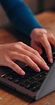 Woman, hands and remote work in home with laptop, research and typing report for financial audit. Contract worker, person and browsing in house with computer, accounting and proposal for finance.
