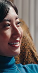Thinking, smile or woman in house with nostalgia, relaxing moment or mindfulness on weekend break. Reflection, calm or Asian person with breathing, happy memory or peaceful perspective on day off.