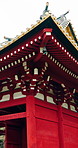 Architecture, gate and Daitokuin Temple in Japan with landmark, culture and entrance to shrine. History, traditional buildings and travel with vintage pagoda facade at urban park in Tokyo city