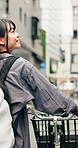Travel, back and woman with bicycle in city for morning commute, adventure and journey. Explore, cycling and Japanese person on bike for urban trip, sustainable or eco friendly transport outdoors
