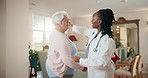 Dancing, doctor and senior woman in nursing home with energy, happiness and celebrate good news. Healthcare worker, old person and fun in elderly care facility with physical therapy and fitness