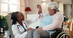 Support, doctor and high five with old woman in wheelchair, healthcare success and homecare visit. Medical worker, hand gesture and person with disability, healing or funny conversation in retirement