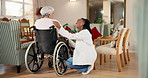 Support, doctor and old woman in wheelchair in home, healthcare and homecare visit with conversation. Medical worker, checkup and person with disability, trust or laugh at funny joke in retirement