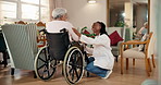 Trust, doctor and old woman in wheelchair in home, healthcare and visit with funny conversation. Medical worker, support and happy person with disability, care and laughing at joke in retirement