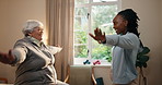 Physio, exercise and old woman in clinic with instructions, guide and happy for fitness progress. Physical therapist, smile and senior person with arm workout, advice and stretching for mobility.