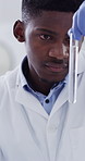 Black man, scientist and tray with vial at laboratory, medical research and safety gear for virus sample. African person, tools and equipment with pharmaceutical innovation for vaccine development