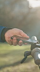 Ebike, phone or hand in park with scan, online verification or bike hire with sustainable transport. Digital, bokeh or man with electric scooter, booking security or urban mobility with eco commute.