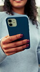 Hand, phone and woman typing outdoor with internet connection, social media and message online. Technology, notification and person search post with mobile app for communication on coffee break