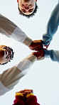 Applause, fist bump and hands of people outdoor together for celebration, solidarity or support. Below, clapping and unity with group of friends on blue sky for achievement, goals or milestone