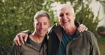 Face, hug and senior dad with son outdoor in backyard for visit, connection or bonding with smile. Portrait, embrace and elderly man in retirement with care of offspring for relationship of family
