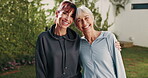 Face, hug and senior mom with daughter outdoor in backyard for visit, connection or bonding. Portrait, wellness and elderly woman in retirement with care of offspring for relationship of family