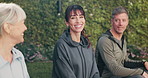 Fitness, nature and face of woman with friends in conversation for planning exercise routine. Happy, portrait and mature people in discussion for wellness, support or workout together outdoor in park