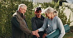 Smile, people and handstack outdoor for fitness, support and motivation for exercise success. Happy, trainer and senior couple in backyard with hands together, encouragement and training achievement