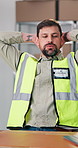 Man, relax and logistics worker in office with ecommerce, order confirmation or delivery information. Happy, calm and supply chain manager with completed project for cargo or procurement service.