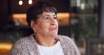 Smile, thinking and senior woman in home with positive thoughts, perspective and remember past memory. Retirement, reflection and happy person at apartment, introspection and hope with vision