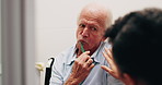 Caregiver, dental and old man in bathroom with help, brushing teeth or support for oral hygiene. Nurse, guide or senior person in home with toothbrush, cleaning mouth and assisted living for wellness