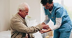 Dressing, nurse or old man in bedroom with support, grooming or elderly care in assisted living. Caregiver, patient or senior person with helping hand, getting ready or retirement aid in nursing home