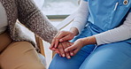 Support, nurse and holding hands with senior woman for reassurance, connection and empathy. Caregiver, trust or person in retirement with kindness, hope or comfort for health diagnosis with home care